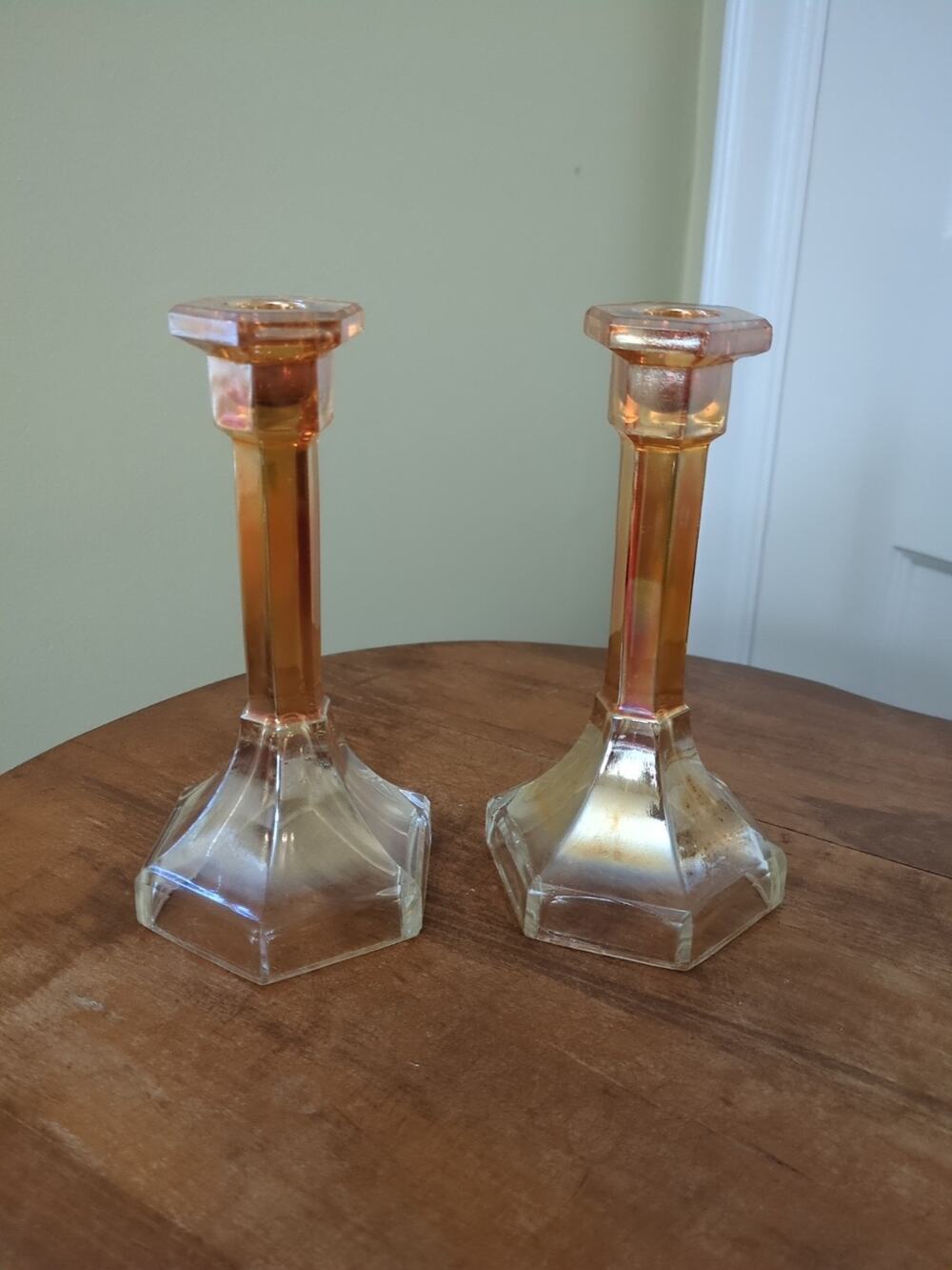 Imperial Glass Company Iridescent Carnival Glass Candleholders